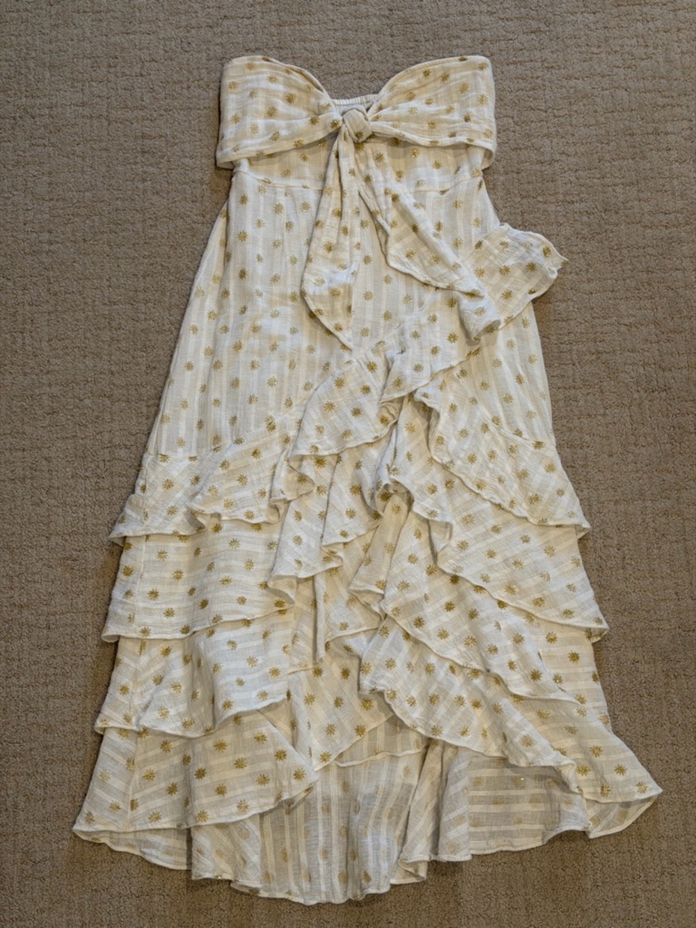 Sandro Cream High-Low Ruffled Maxi with Gold Star Motif